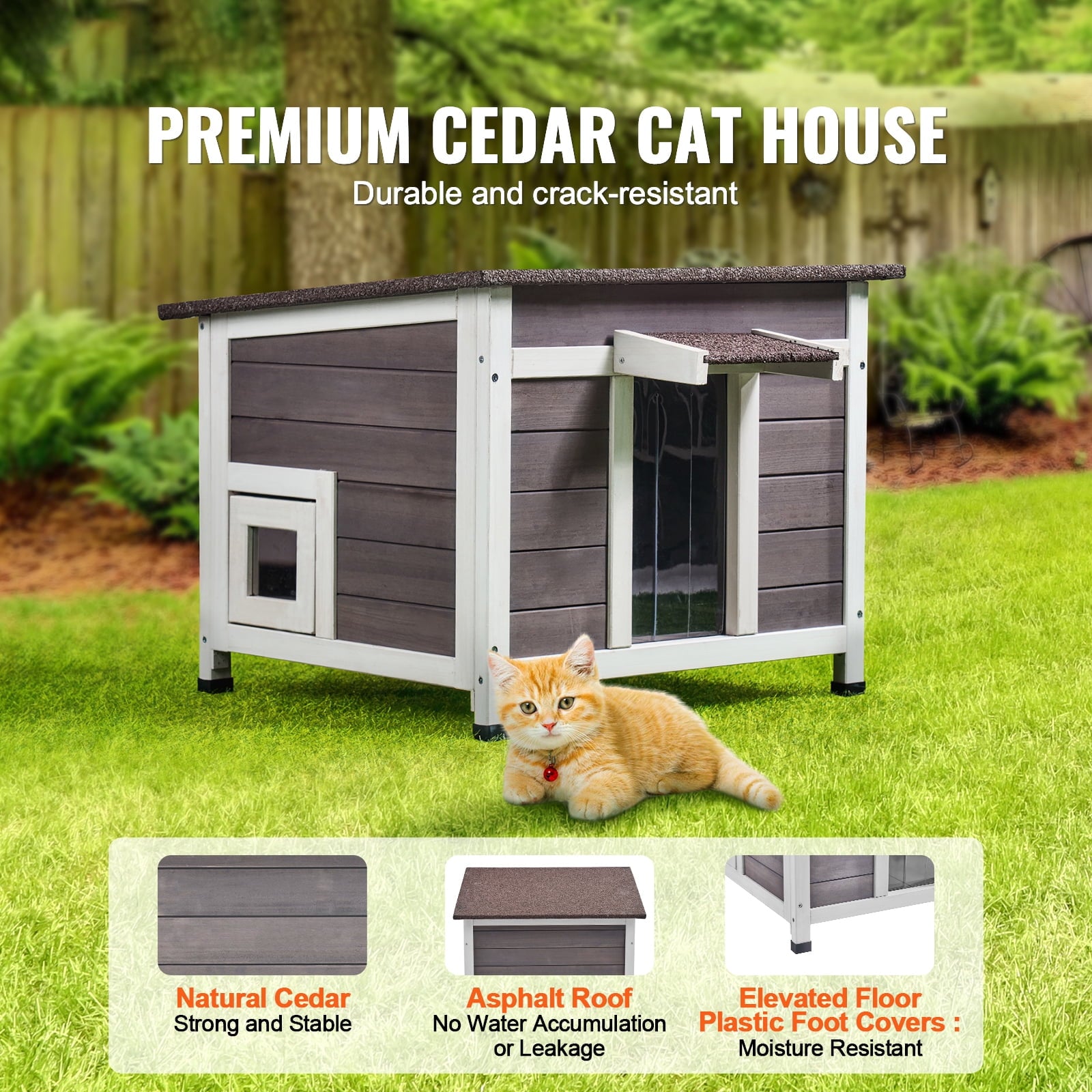 KFFKFF Weatherproof Outdoor Cat Shelter, Wooden House for Cats and Rabbits, Features Window, Open Roof, and PVC Door Flaps, 24"L x 21"W x 18"H