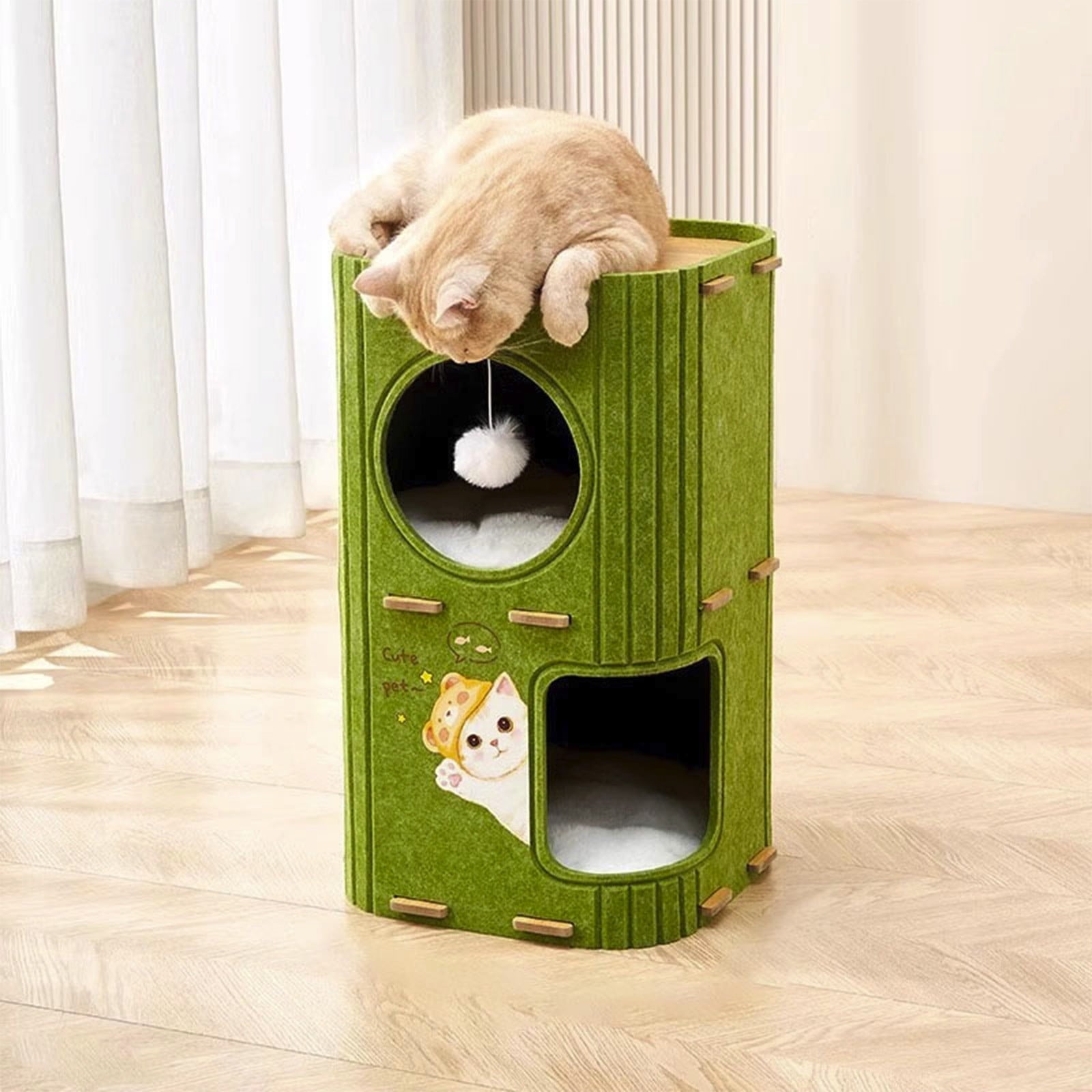 Gumesh 2-Story Cat House with Tunnel - Indoor Multi-Cat Condo with Washable Mats, Felt-Covered Hideaway &amp; Cave Bed