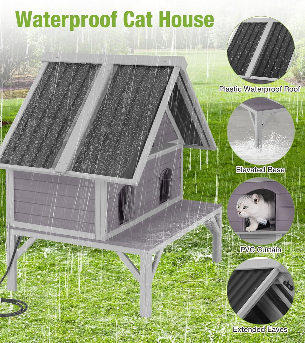 Aivituvin Heated Cat House for Outside, 2-Tier Insulated Cat House with Heating Pad, Oversized Weatherproof Feral Cat Shelter for 2-4 Cats