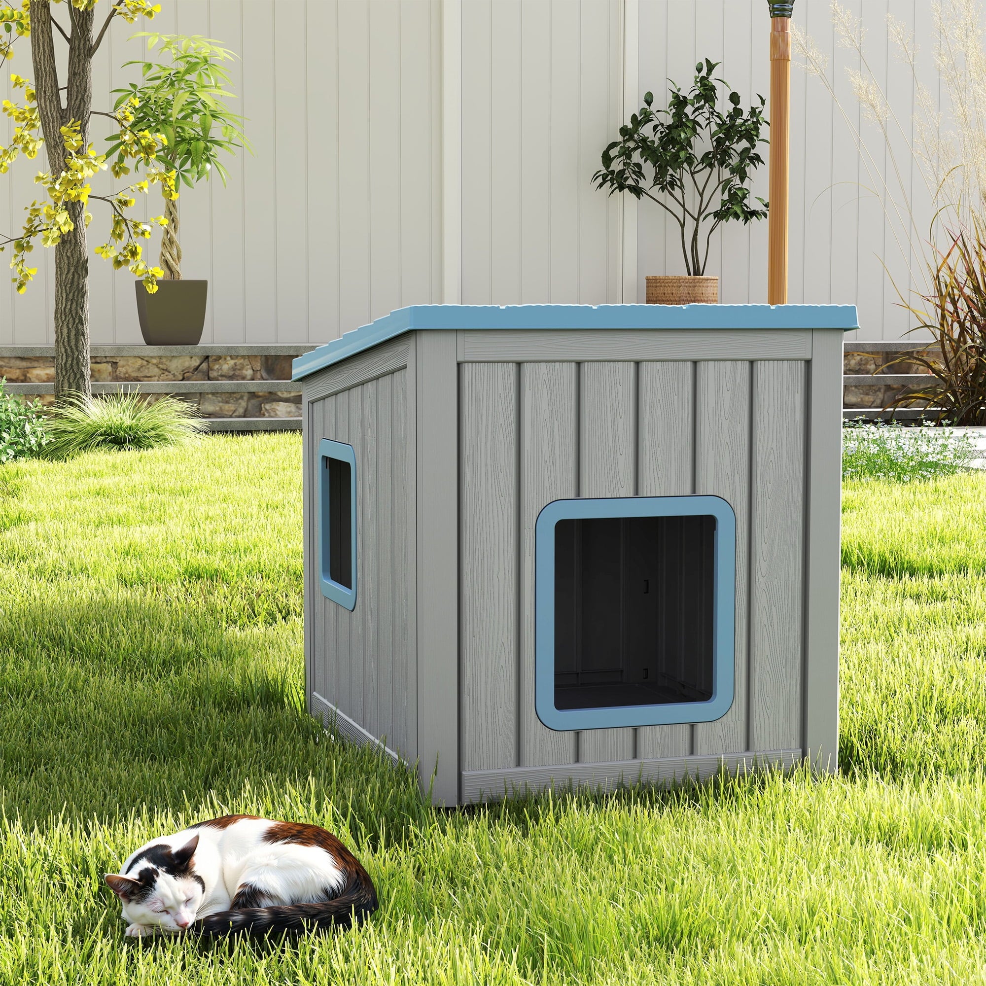 Bifanuo Outdoor Cat House, Outside Multiple Kitty Feral Cat Houses, Weatherproof Shelter for Ferrel Cats and Dogs, Durable PP Material, Insulated Shelter for Garden, Patio, or Backyard (Gray &amp; Black)