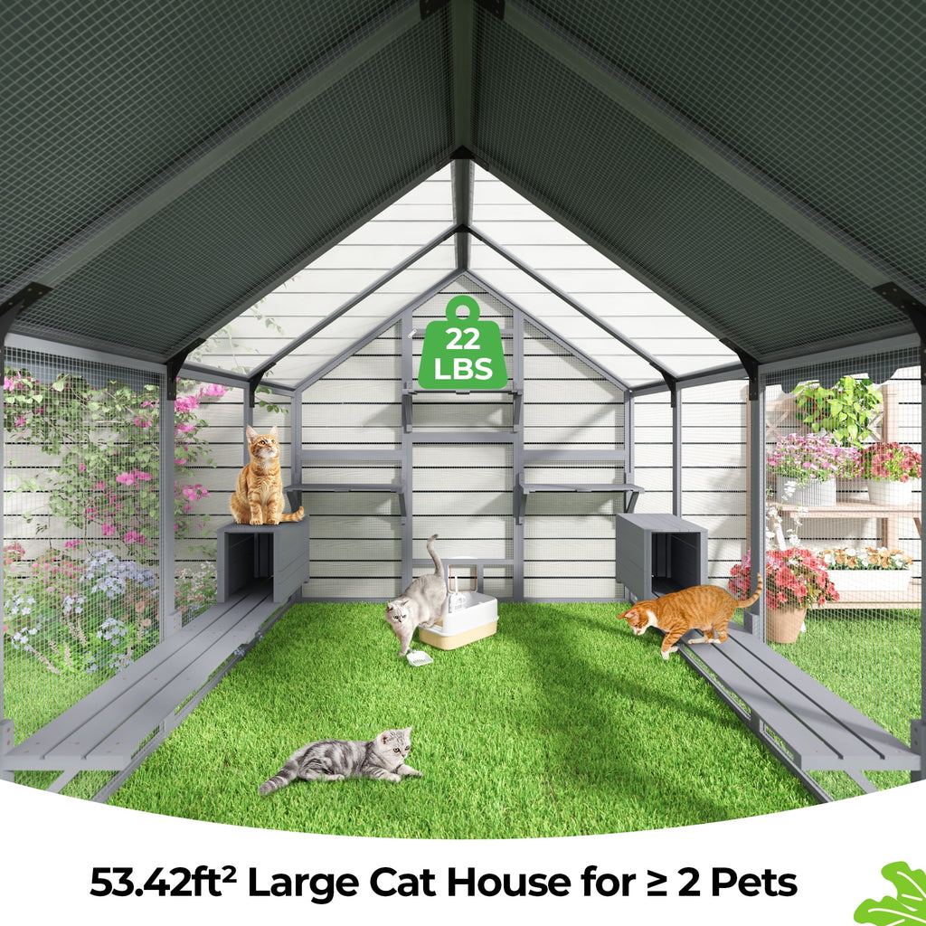COZIWOW 108" Outdoor Large Cat Enclosure Wooden Kitten Catio Outside Cat House for Multiple Pets with Window Access Jumping Platforms,Gray