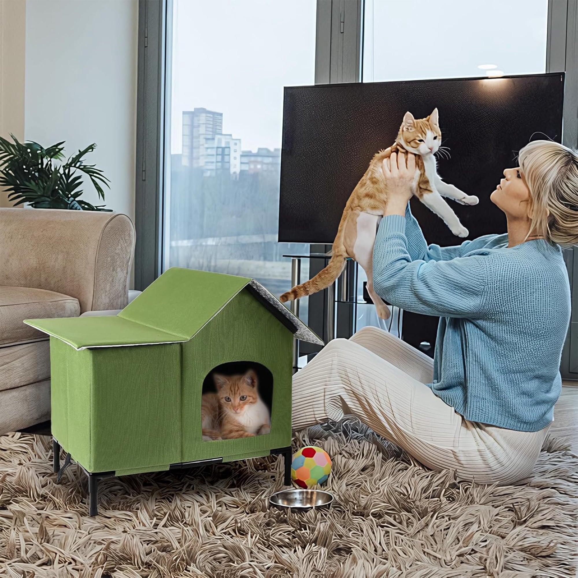 Heated Outdoor Cat House Weatherproof with Heating Pad, Heated Cats House for Outside, Insulated Feral Cat Houses for Outdoor Cats with Safe Escape Door, Elevated Outside Stray Cats Shelter