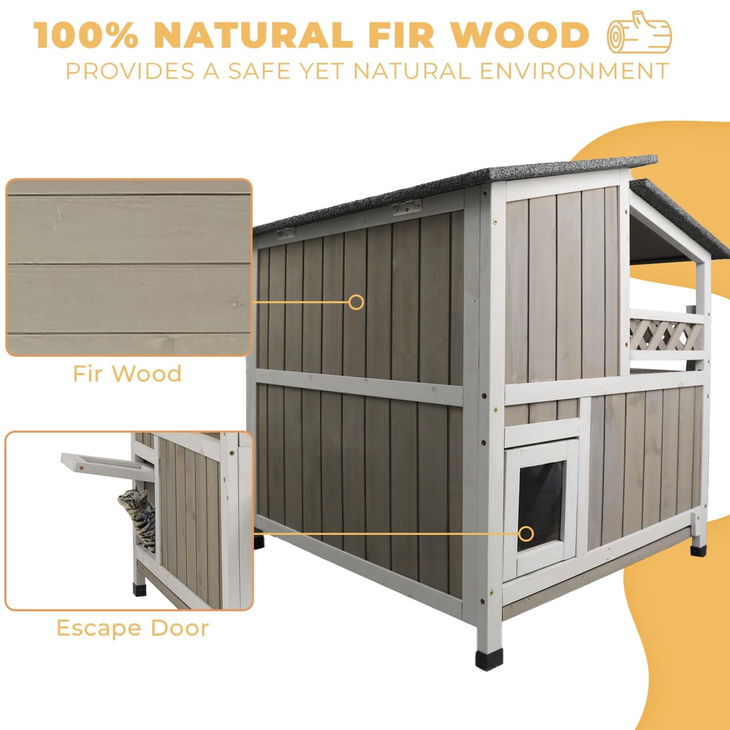 Gowoodhut Cat House Two-Story Wooden Feral Cat Shelter with Balcony for Indoor &amp; Outdoor , Gray