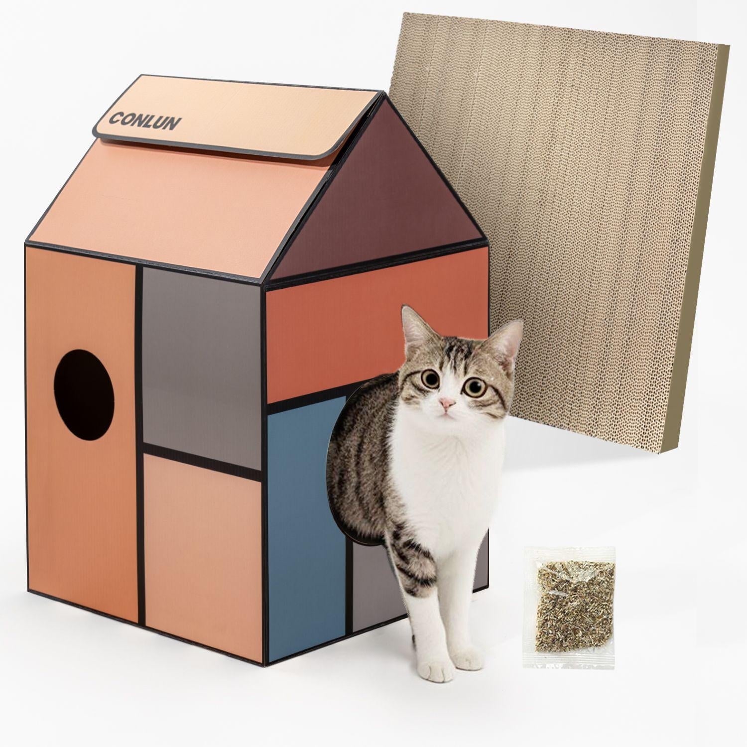 Conlun Cat Scratcher Cardboard Cat House with Cat Scratching Pad&amp;Catnip,Removable Cat Scratcher Pad Home Toy for Indoor Cats