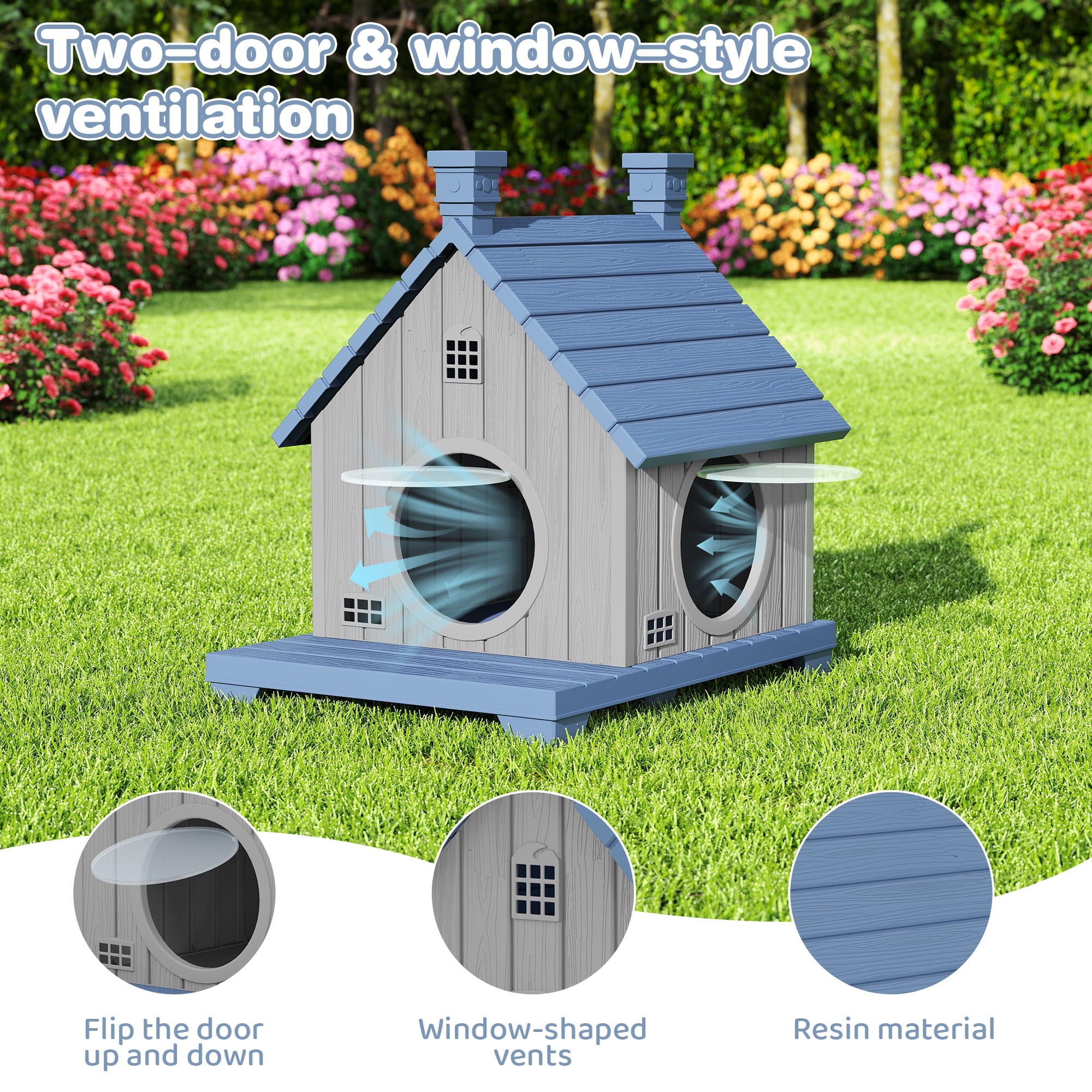 Bifanuo Outdoor Cat House,Weatherproof Resin Cat House, Villa-Style Outdoor Cat Shelter,Assemble Easily for Home &amp; Yard,Blue