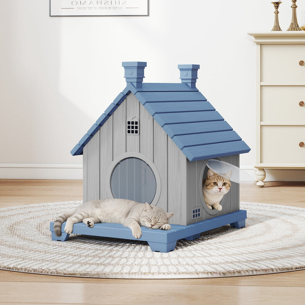 Bifanuo Outdoor Cat House,Weatherproof Resin Cat House, Villa-Style Outdoor Cat Shelter,Assemble Easily for Home &amp; Yard,Blue