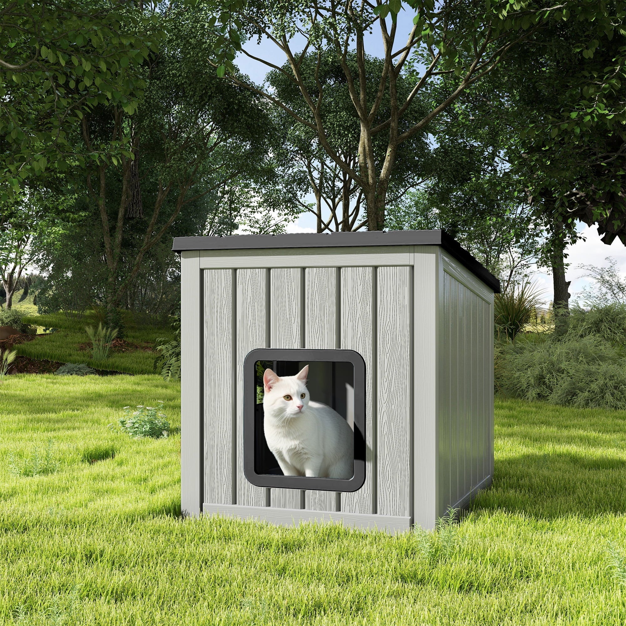 Bifanuo Outdoor Cat House, Outside Multiple Kitty Feral Cat Houses, Weatherproof Shelter for Ferrel Cats and Dogs, Durable PP Material, Insulated Shelter for Garden, Patio, or Backyard (Gray &amp; Black)