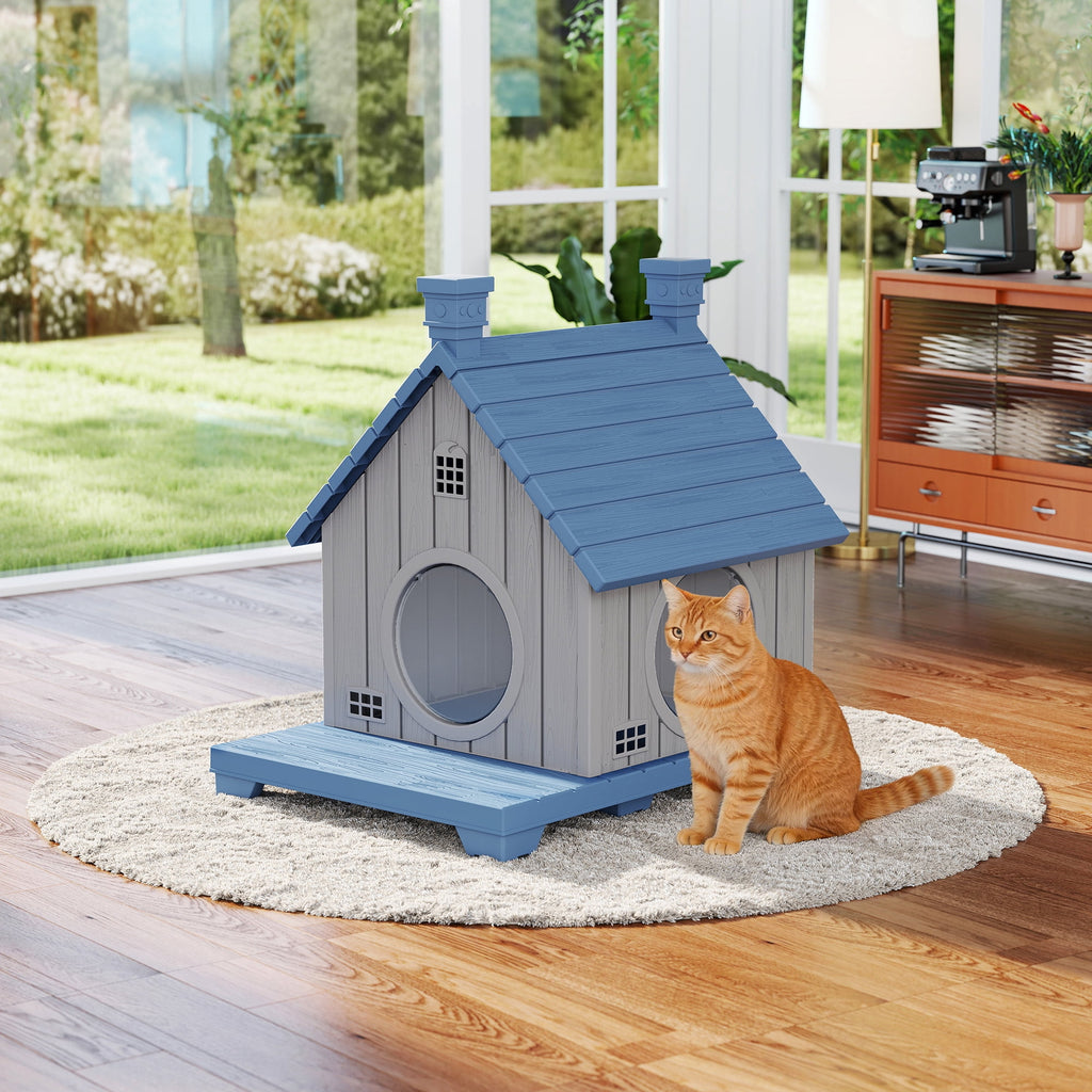 Bifanuo Outdoor Cat House,Weatherproof Resin Cat House, Villa-Style Outdoor Cat Shelter,Assemble Easily for Home &amp; Yard,Blue