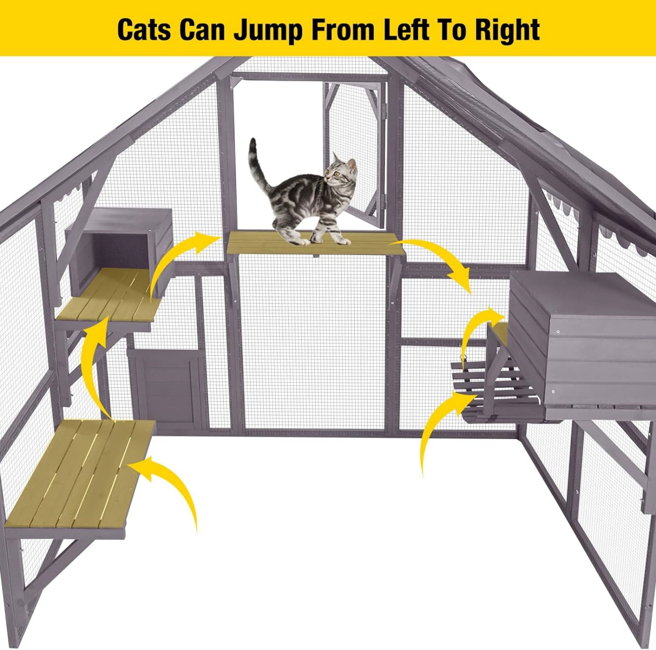 Aivituvin Large Cat Catio Walk-in Enclosure Wooden Cage with Bridges, Platforms, Rest Rooms, Roof Cover