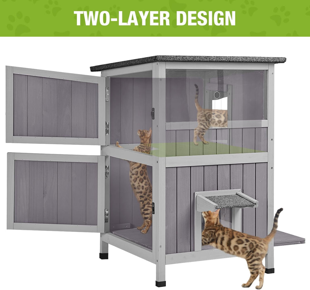 Aivituvin Outdoor Cat House, Waterproof Feral Cat Shelter, 2-Story Cat Cage for Outdoor and Indoor Use, Gray