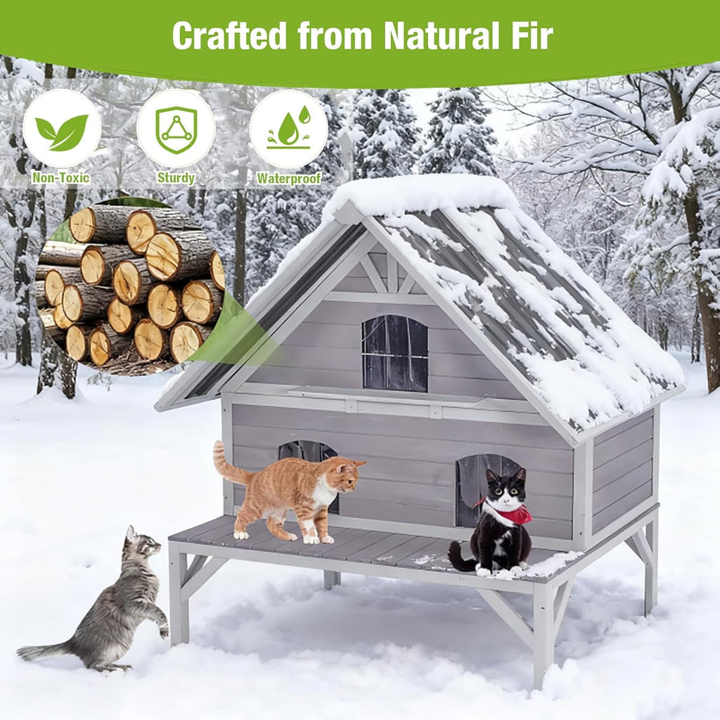 Aivituvin Heated Cat House for Outside, 2-Tier Insulated Cat House with Heating Pad, Oversized Weatherproof Feral Cat Shelter for 2-4 Cats