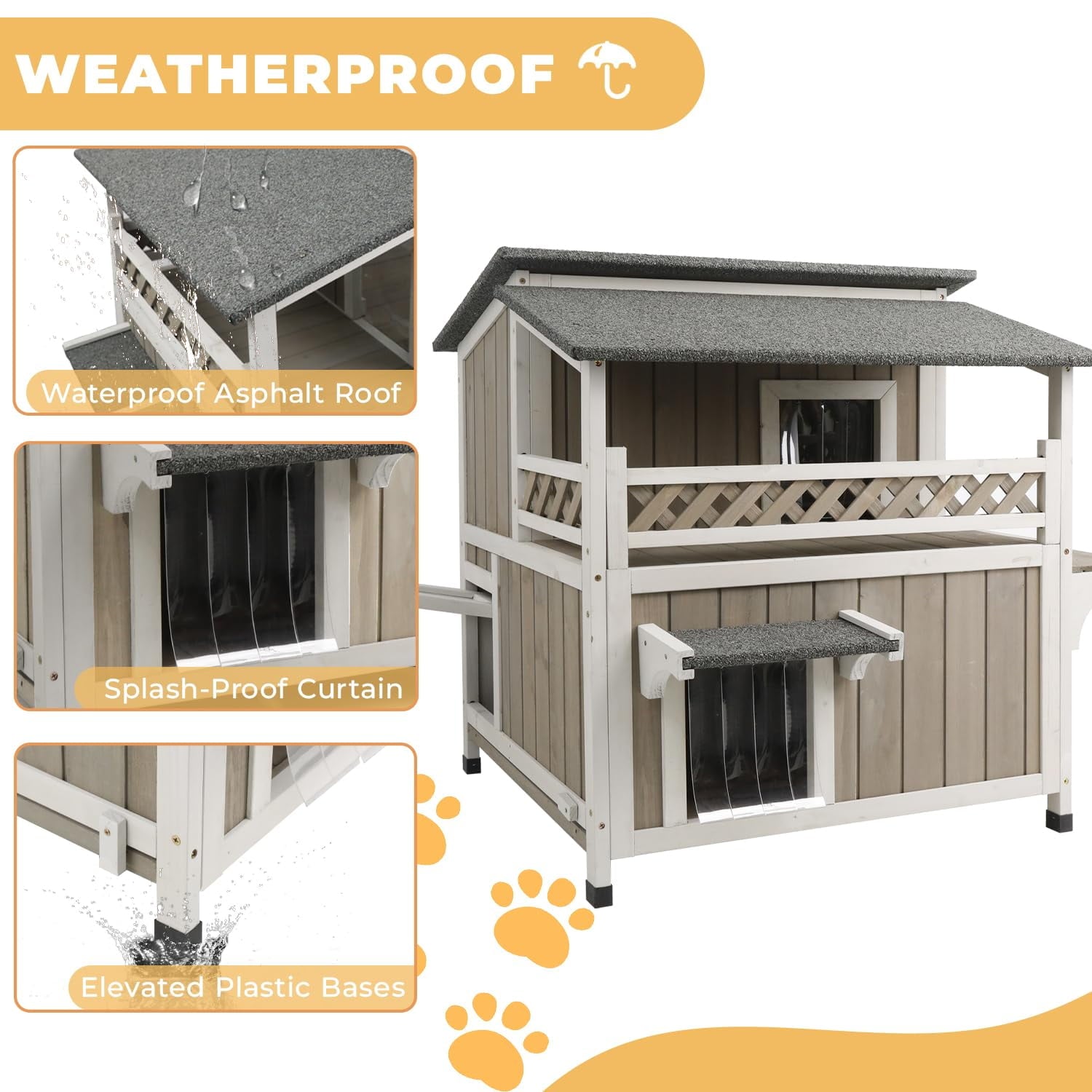 Gowoodhut Cat House Two-Story Wooden Feral Cat Shelter with Balcony for Indoor &amp; Outdoor , Gray
