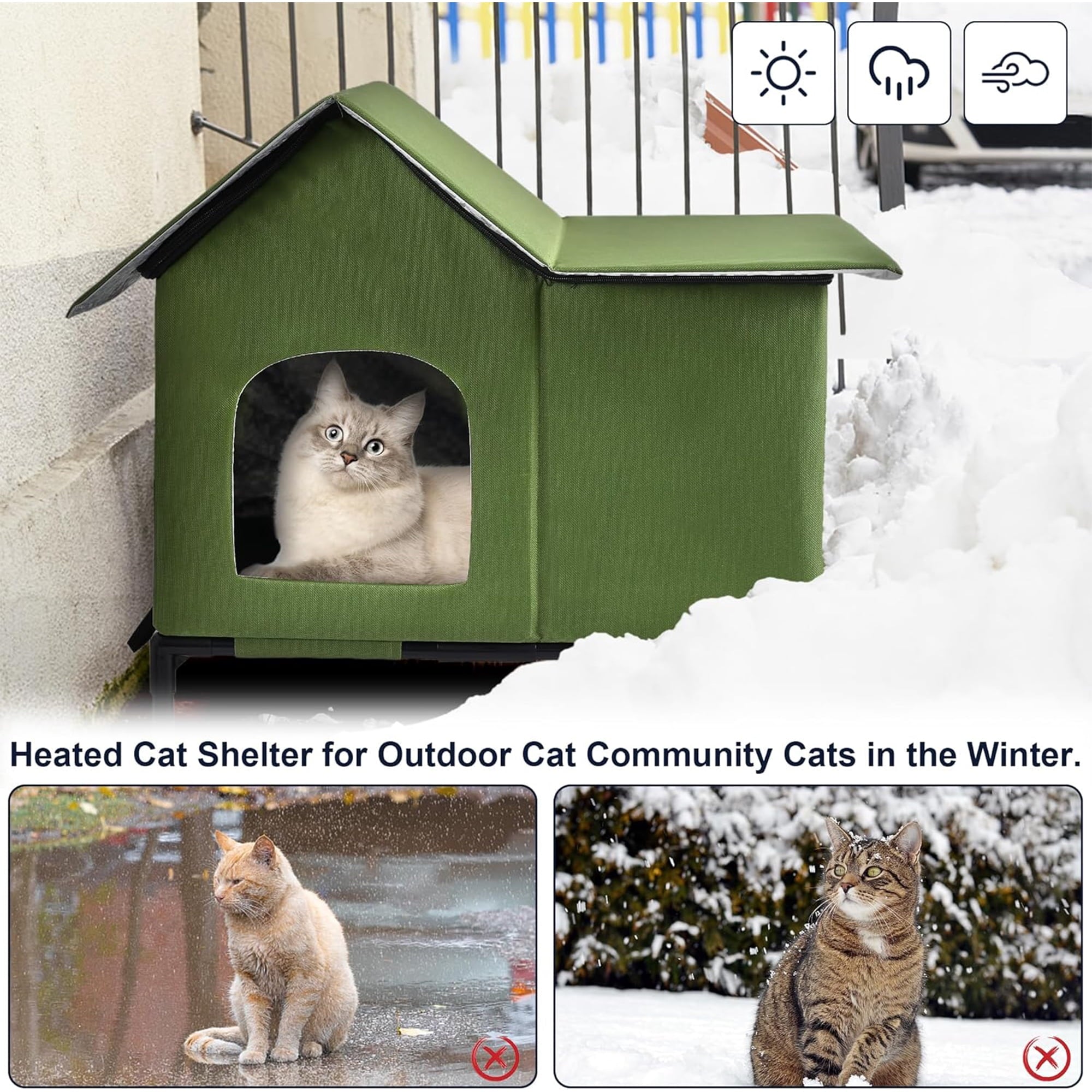 Heated Outdoor Cat House Weatherproof with Heating Pad, Heated Cats House for Outside, Insulated Feral Cat Houses for Outdoor Cats with Safe Escape Door, Elevated Outside Stray Cats Shelter