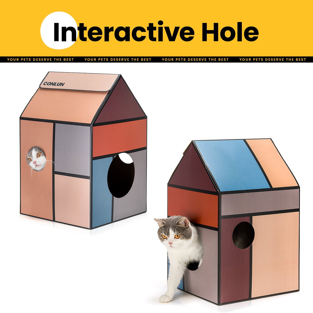 Conlun Cat Scratcher Cardboard Cat House with Cat Scratching Pad&amp;Catnip,Removable Cat Scratcher Pad Home Toy for Indoor Cats