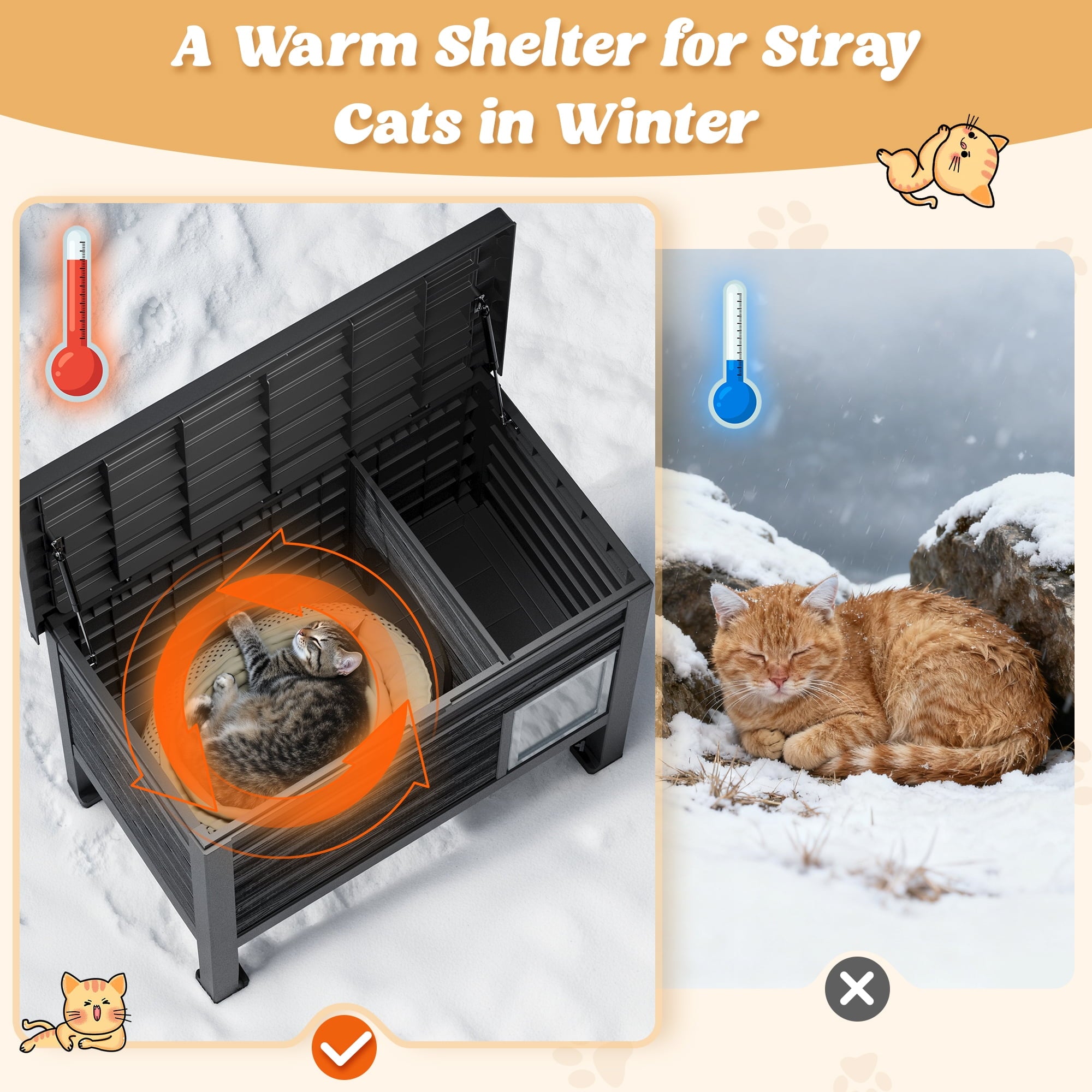 Bifanuo Outdoor Cat House Weatherproof, Insulated Feral Cat Shelter for Outdoor Indoor, Outside Cat Houses for Winter,Secure Escape Doors for Cats
