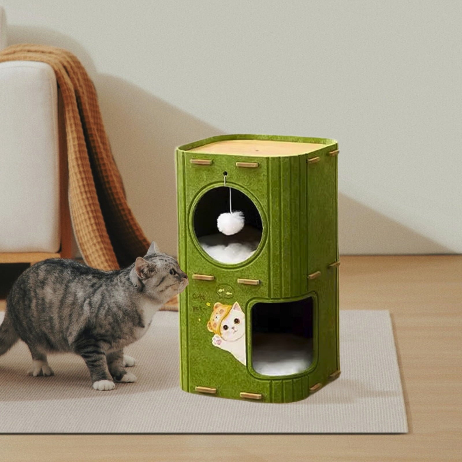 Gumesh 2-Story Cat House with Tunnel - Indoor Multi-Cat Condo with Washable Mats, Felt-Covered Hideaway &amp; Cave Bed