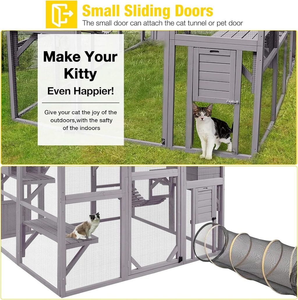 Aivituvin Large Cat Catio Walk-in Enclosure Wooden Cage with Bridges, Platforms, Rest Rooms, Roof Cover