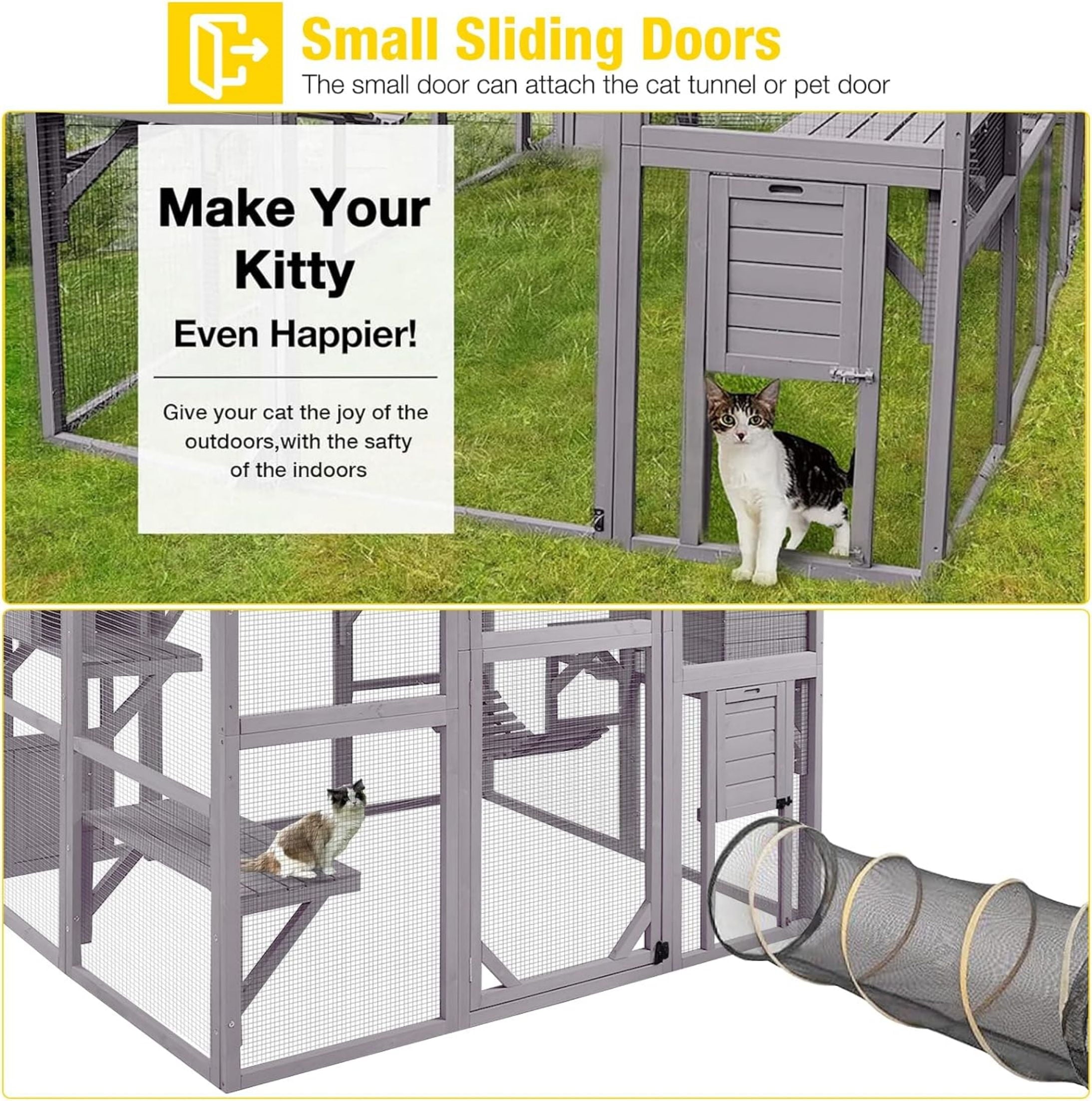 Aivituvin Large Cat Catio Walk-in Enclosure Wooden Cage with Bridges, Platforms, Rest Rooms, Roof Cover