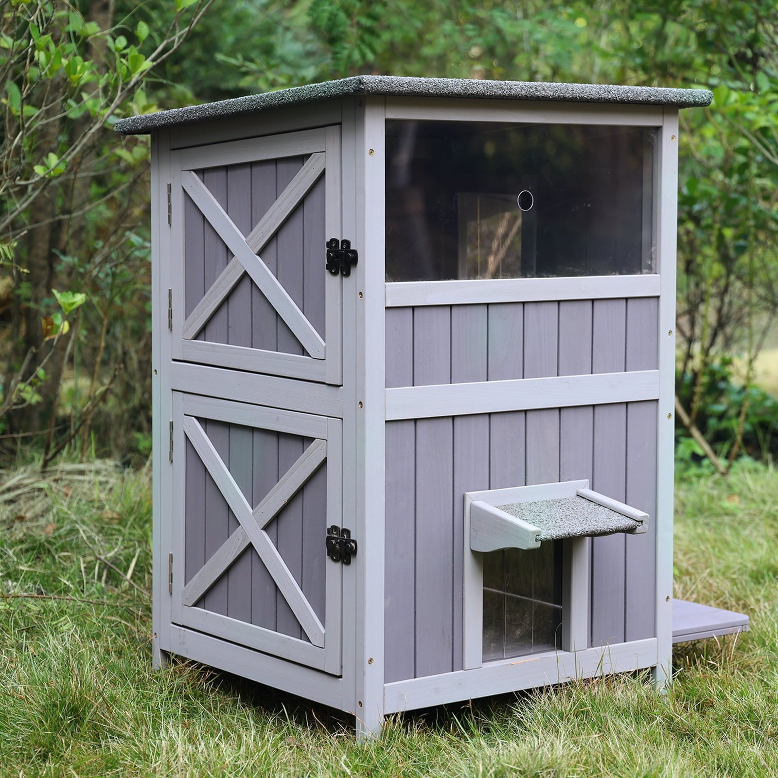 Aivituvin Outdoor Feral Cat House 2-Story Cat Cottage Kitten Shelter with Window
