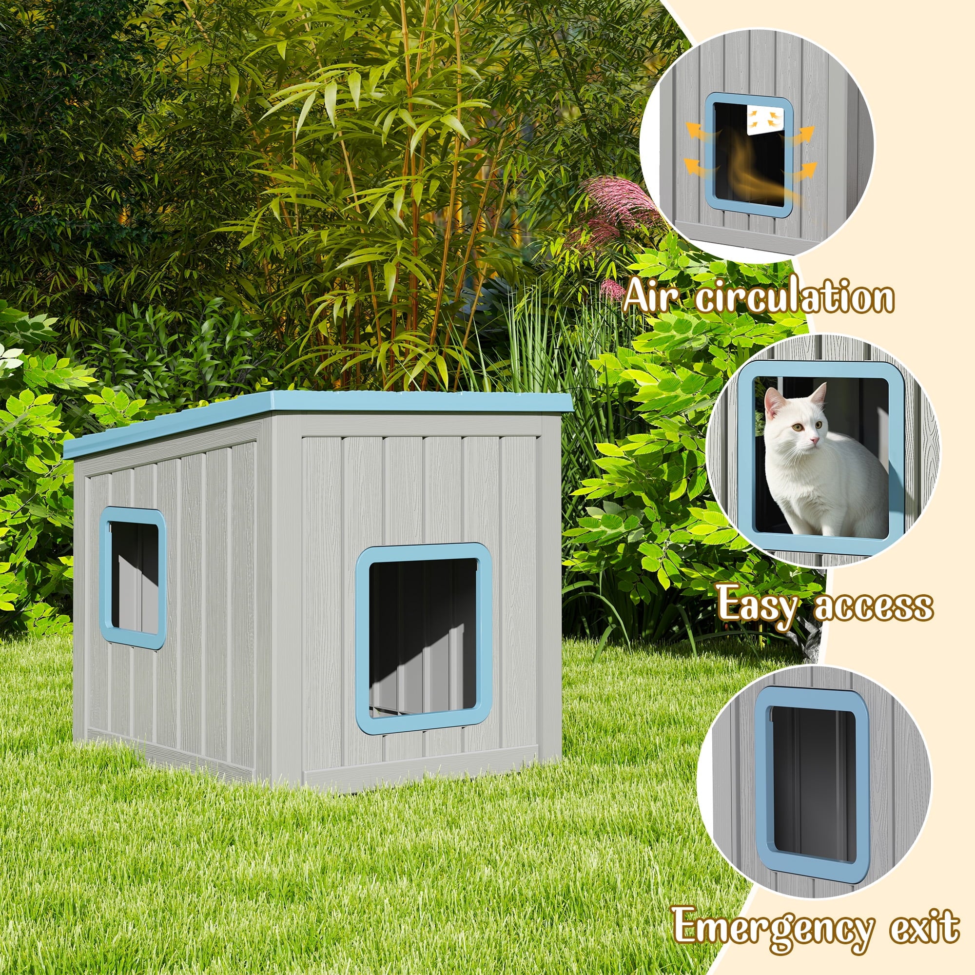Bifanuo Outdoor Cat House, Outside Multiple Kitty Feral Cat Houses, Weatherproof Shelter for Ferrel Cats and Dogs, Durable PP Material, Insulated Shelter for Garden, Patio, or Backyard (Gray &amp; Black)