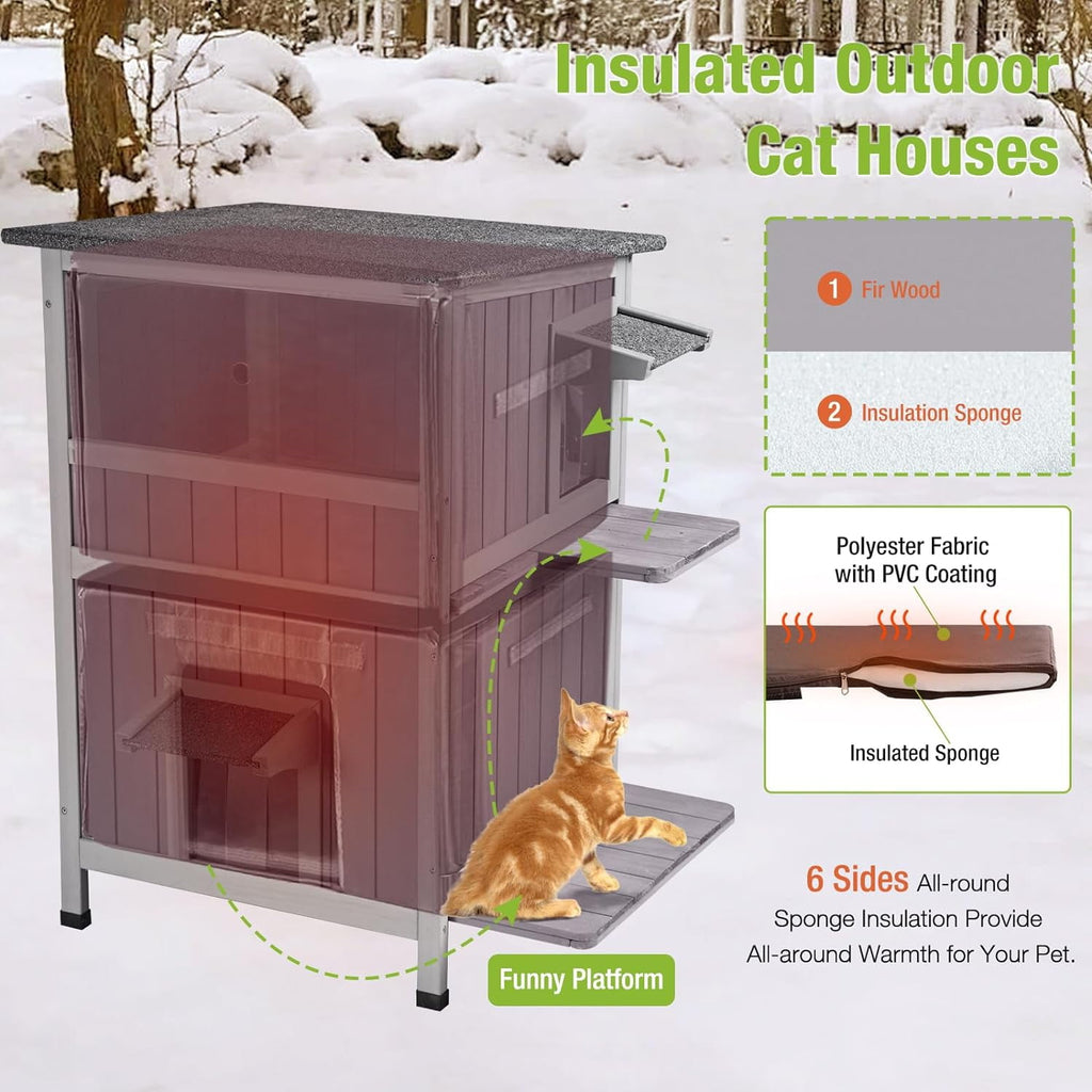 Aivituvin Outdoor Cat House, Waterproof Feral Cat Shelter, 2-Story Cat Cage for Outdoor and Indoor Use, Gray