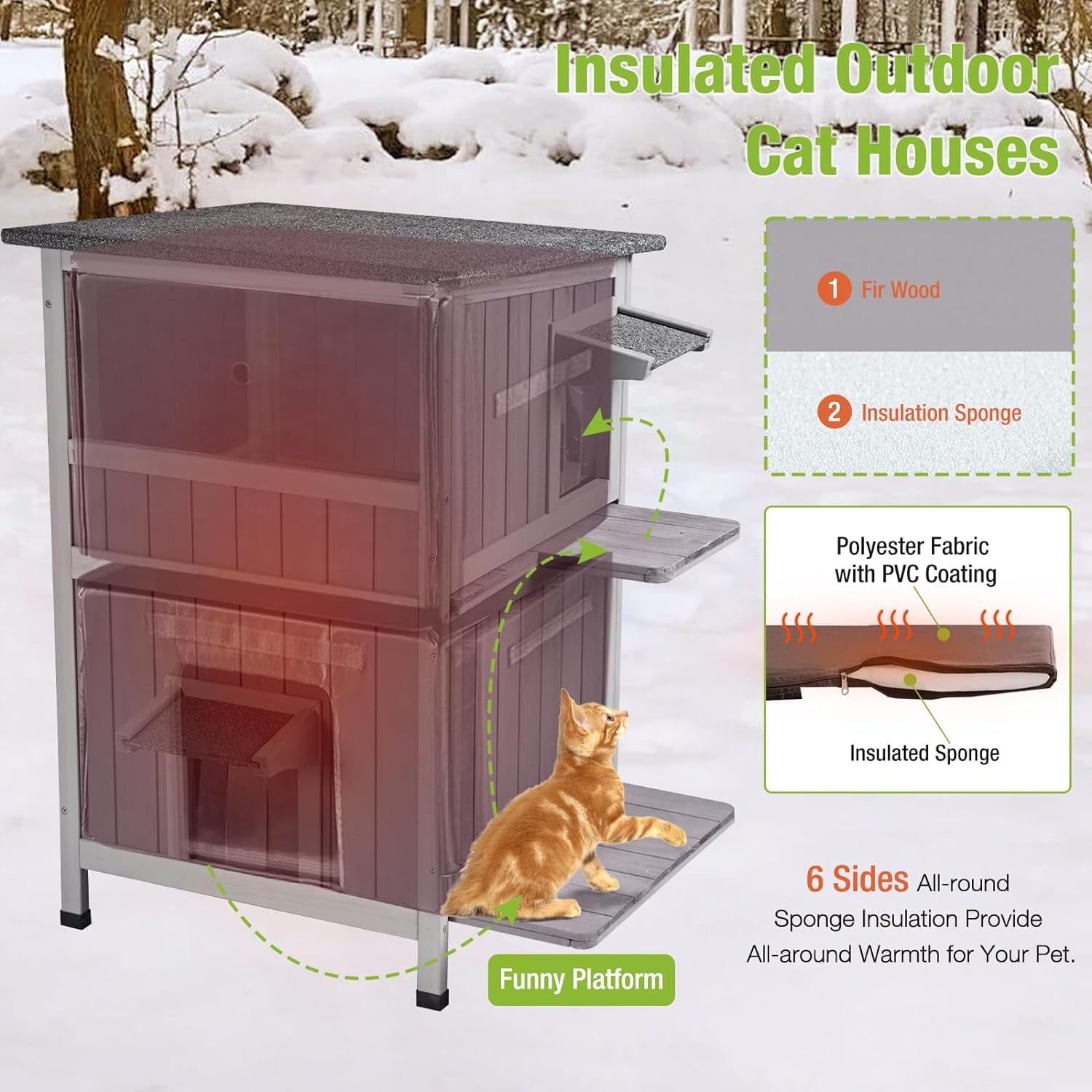 Aivituvin Outdoor Cat House, Waterproof Feral Cat Shelter, 2-Story Cat Cage for Outdoor and Indoor Use, Gray
