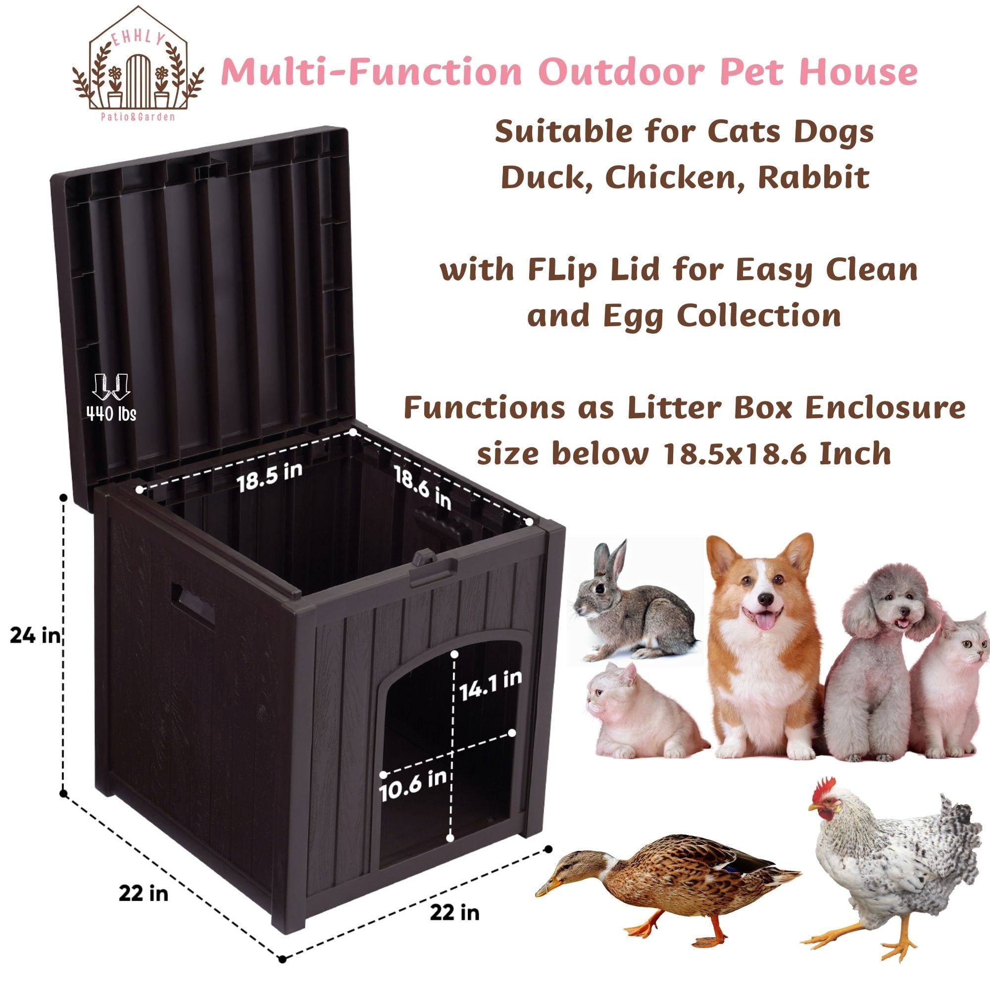 EHHLY Outdoor Cat House Waterproof, Outside Multiple Feral Cat Houses Weatherproof, Cat Litter Box Enclosure, Durable Resin Plastic, Brown