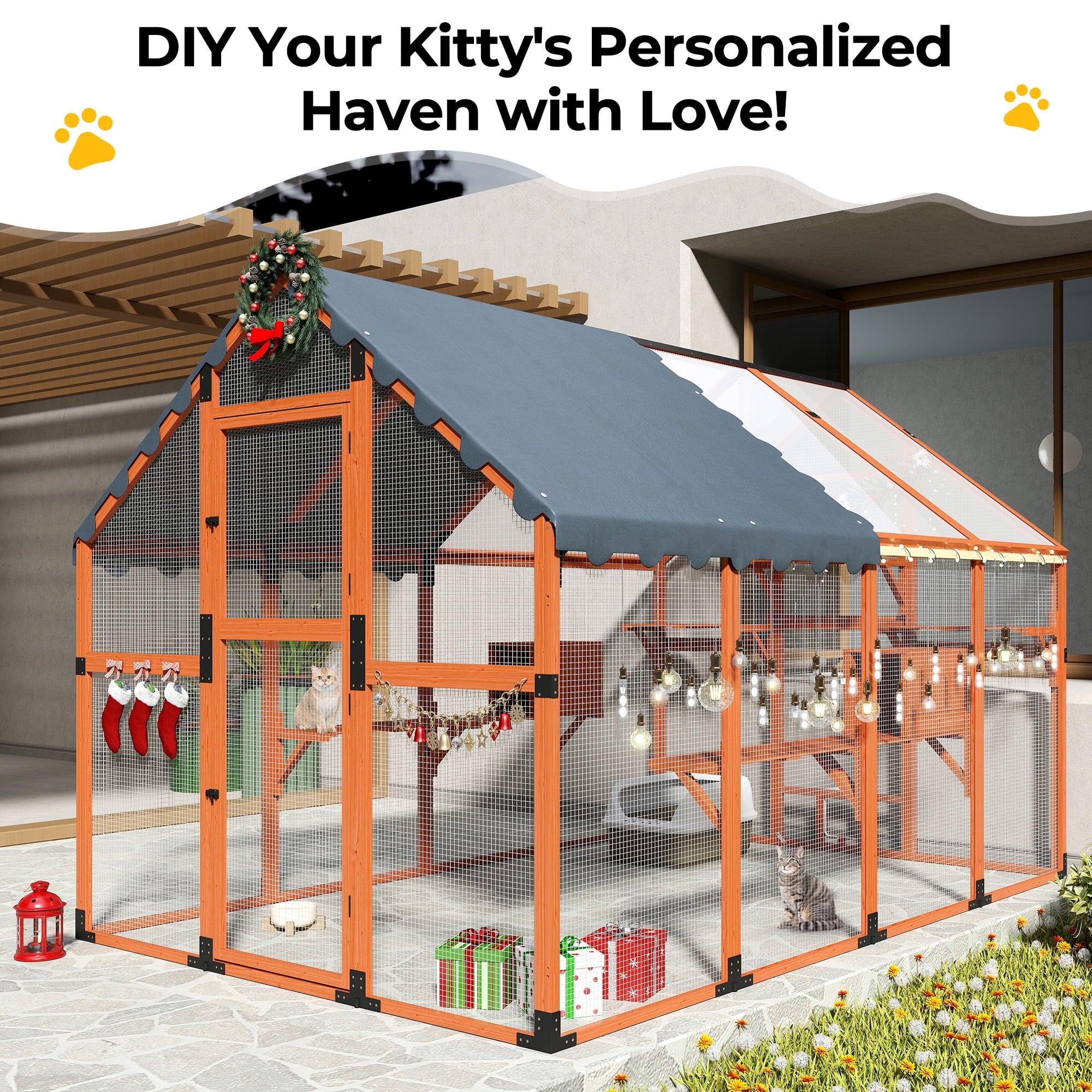 COZIWOW 108" Outdoor Large Cat Enclosure Wooden Kitten Catio Outside Cat House for Multiple Pets with Window Access Jumping Platforms,Gray