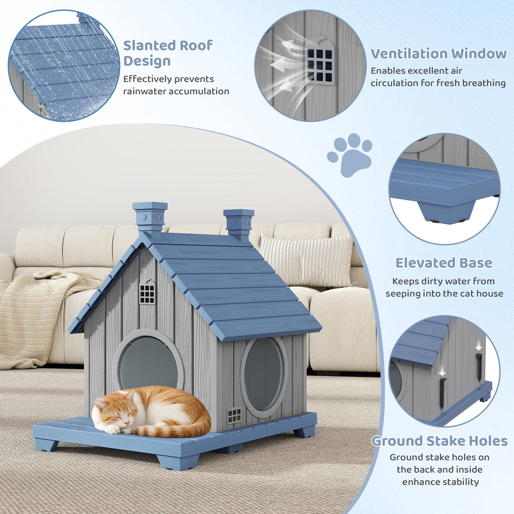Bifanuo Outdoor Cat House,Weatherproof Resin Cat House, Villa-Style Outdoor Cat Shelter,Assemble Easily for Home &amp; Yard,Blue