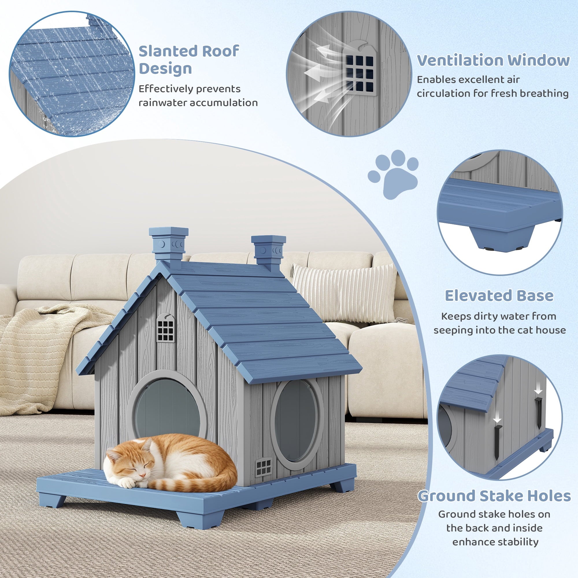 Bifanuo Outdoor Cat House,Weatherproof Resin Cat House, Villa-Style Outdoor Cat Shelter,Assemble Easily for Home &amp; Yard,Blue