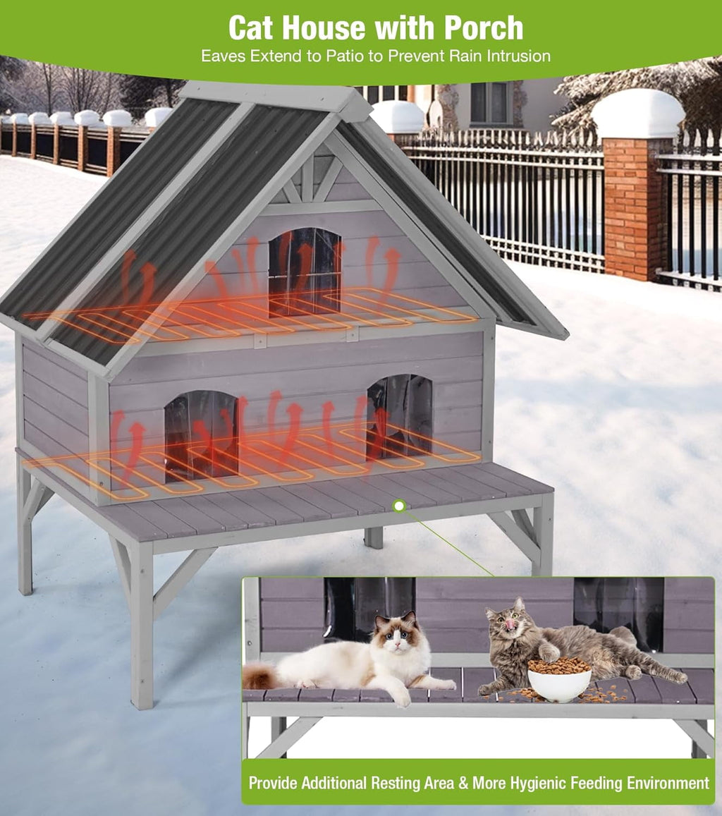 Aivituvin Heated Cat House for Outside, 2-Tier Insulated Cat House with Heating Pad, Oversized Weatherproof Feral Cat Shelter for 2-4 Cats
