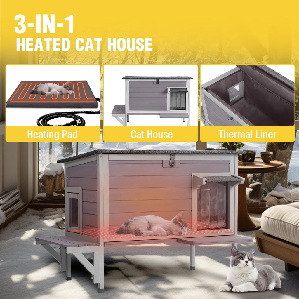 Aivituvin Wood Cat House with Balcony, Outdoor Indoor Kitty Shelter with Stairs