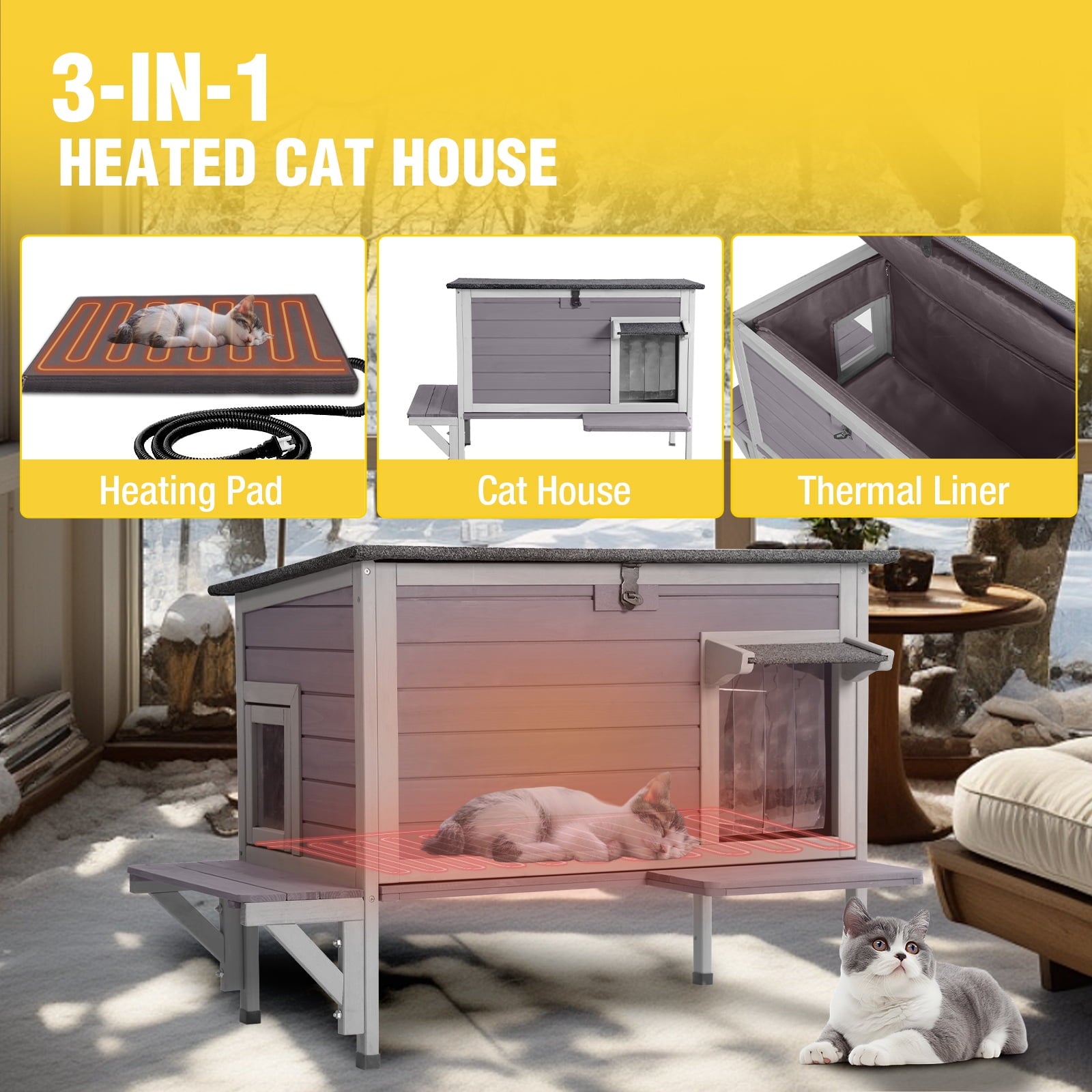 Aivituvin Wood Cat House with Balcony, Outdoor Indoor Kitty Shelter with Stairs