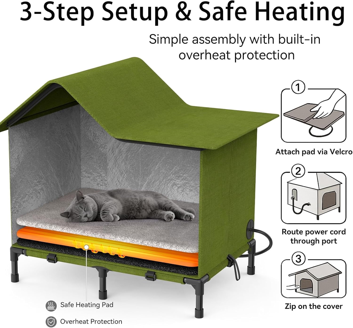 Heated Outdoor Cat House Weatherproof with Heating Pad, Heated Cats House for Outside, Insulated Feral Cat Houses for Outdoor Cats with Safe Escape Door, Elevated Outside Stray Cats Shelter