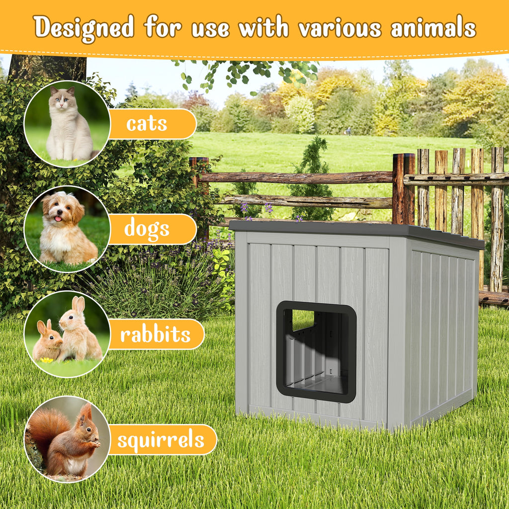 Bifanuo Outdoor Cat House, Outside Multiple Kitty Feral Cat Houses, Weatherproof Shelter for Ferrel Cats and Dogs, Durable PP Material, Insulated Shelter for Garden, Patio, or Backyard (Gray &amp; Black)