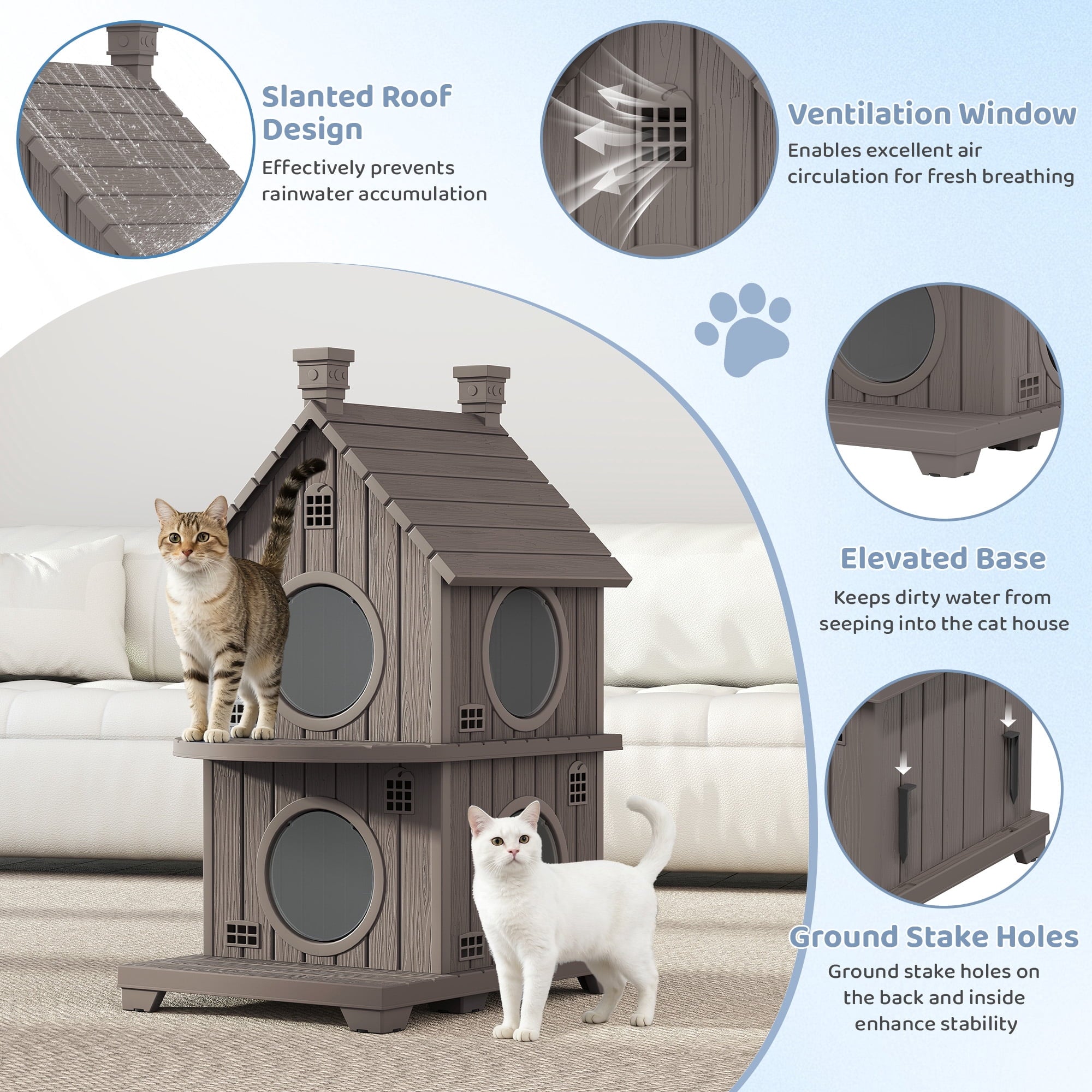 Bifanuo Outdoor Cat House,Weatherproof Resin Cat House, Villa-Style Outdoor Cat Shelter,Assemble Easily for Home &amp; Yard,Blue