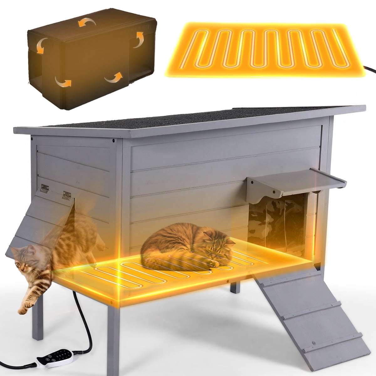 Outdoor Cat House with Removable Heating Pad, DOMIPET Heated Cat House, Waterproof Winter Shelter for Multiple Cats &amp; Small Animals with Escape Door, Suitable for All Seasons