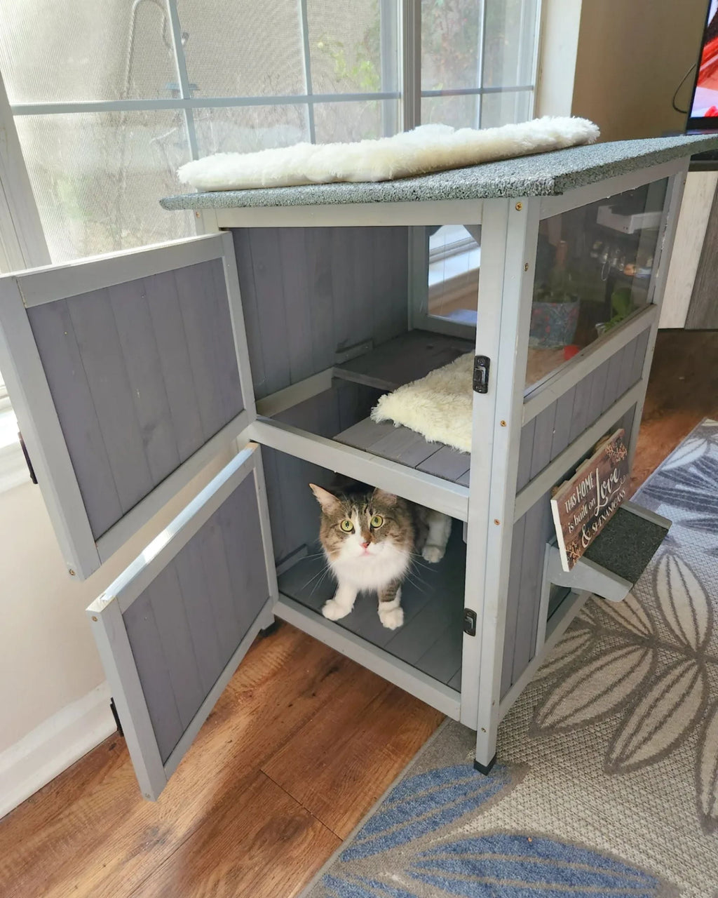 Aivituvin Outdoor Feral Cat House 2-Story Cat Cottage Kitten Shelter with Window