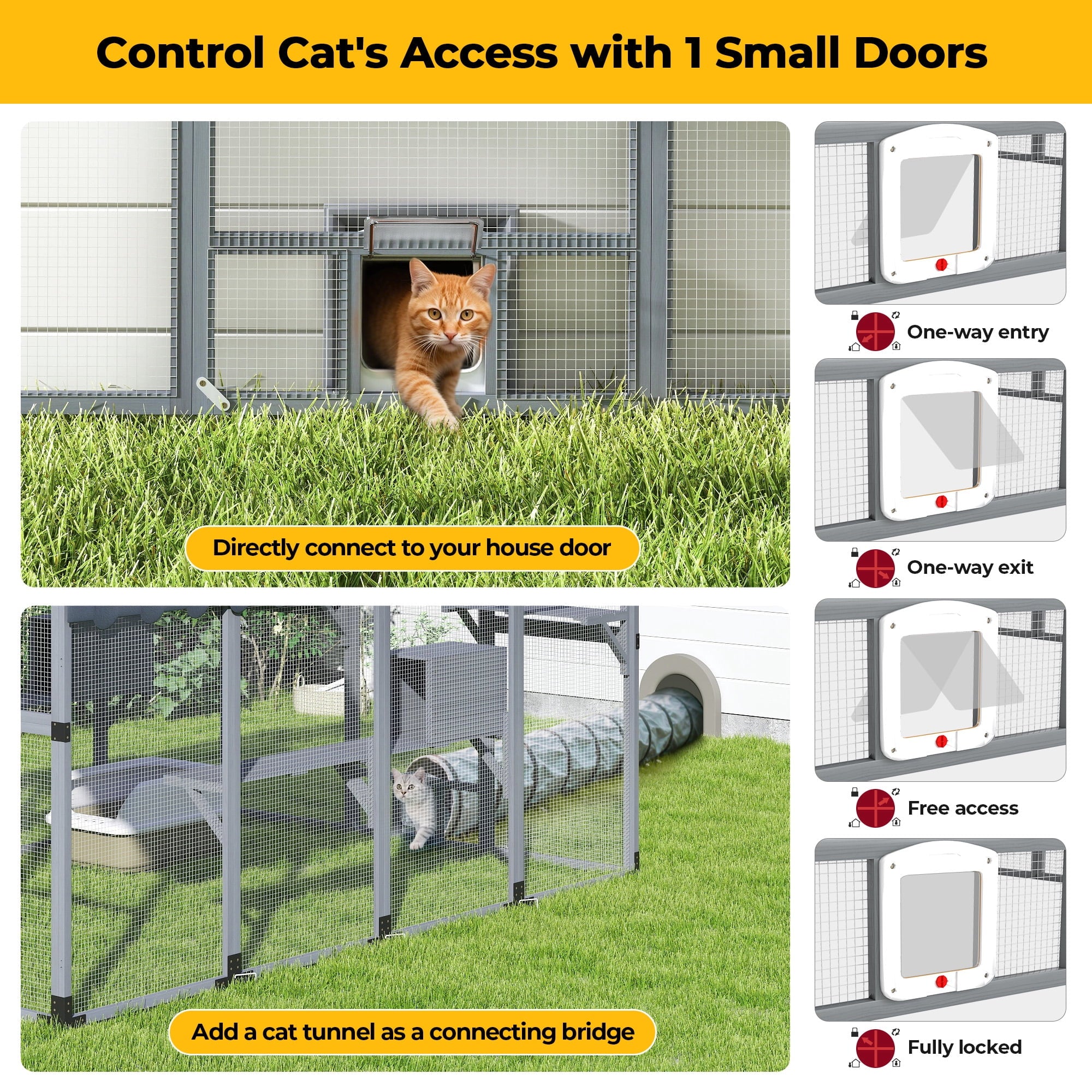 COZIWOW 108" Outdoor Large Cat Enclosure Wooden Kitten Catio Outside Cat House for Multiple Pets with Window Access Jumping Platforms,Gray