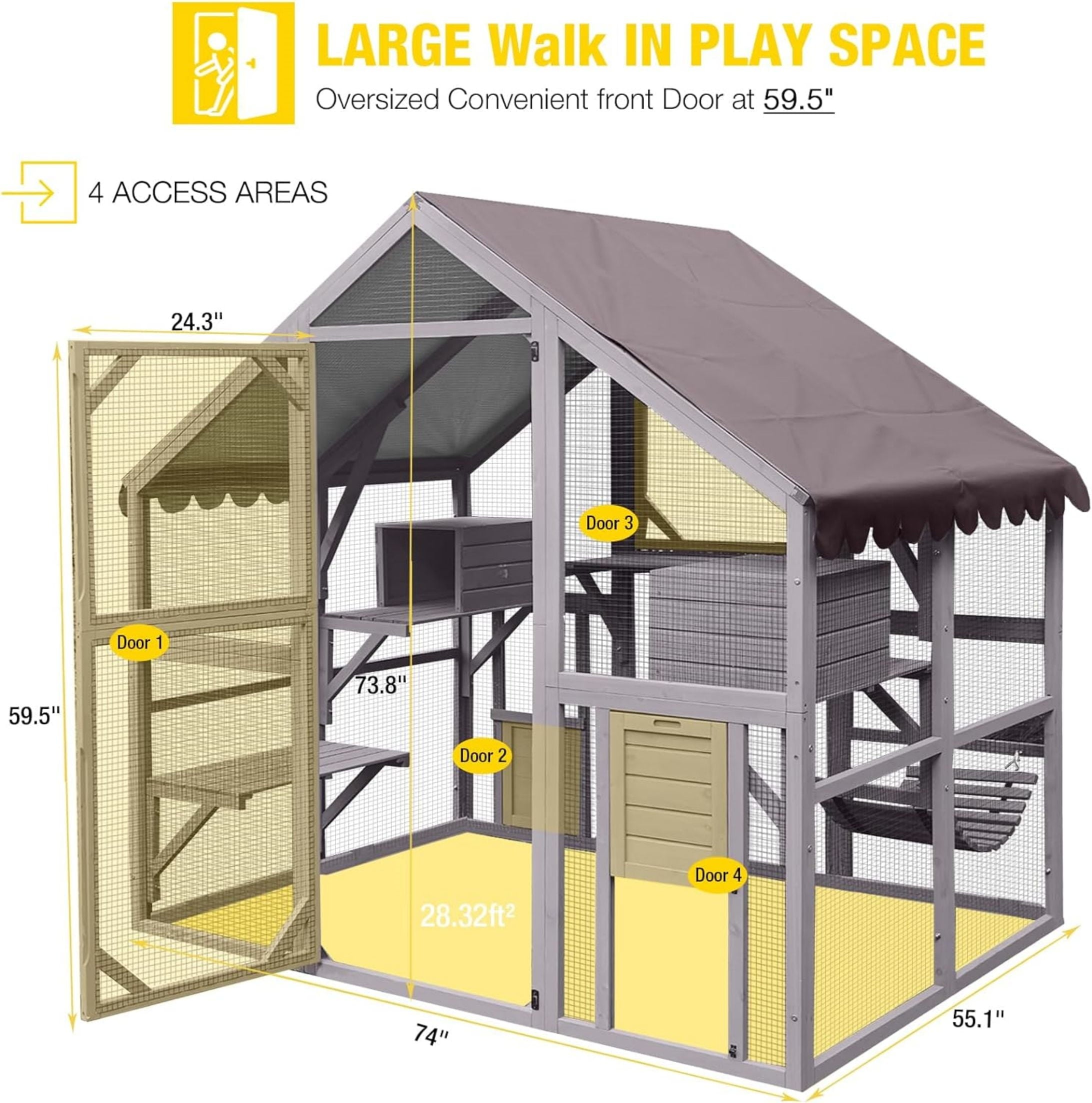 Aivituvin Large Cat Catio Walk-in Enclosure Wooden Cage with Bridges, Platforms, Rest Rooms, Roof Cover