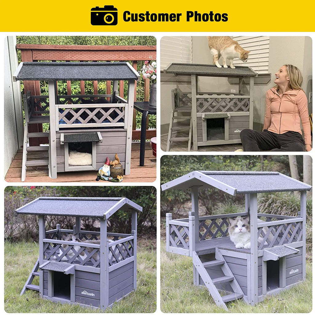 Aivituvin Wood Cat House with Balcony, Outdoor Indoor Kitty Shelter with Stairs